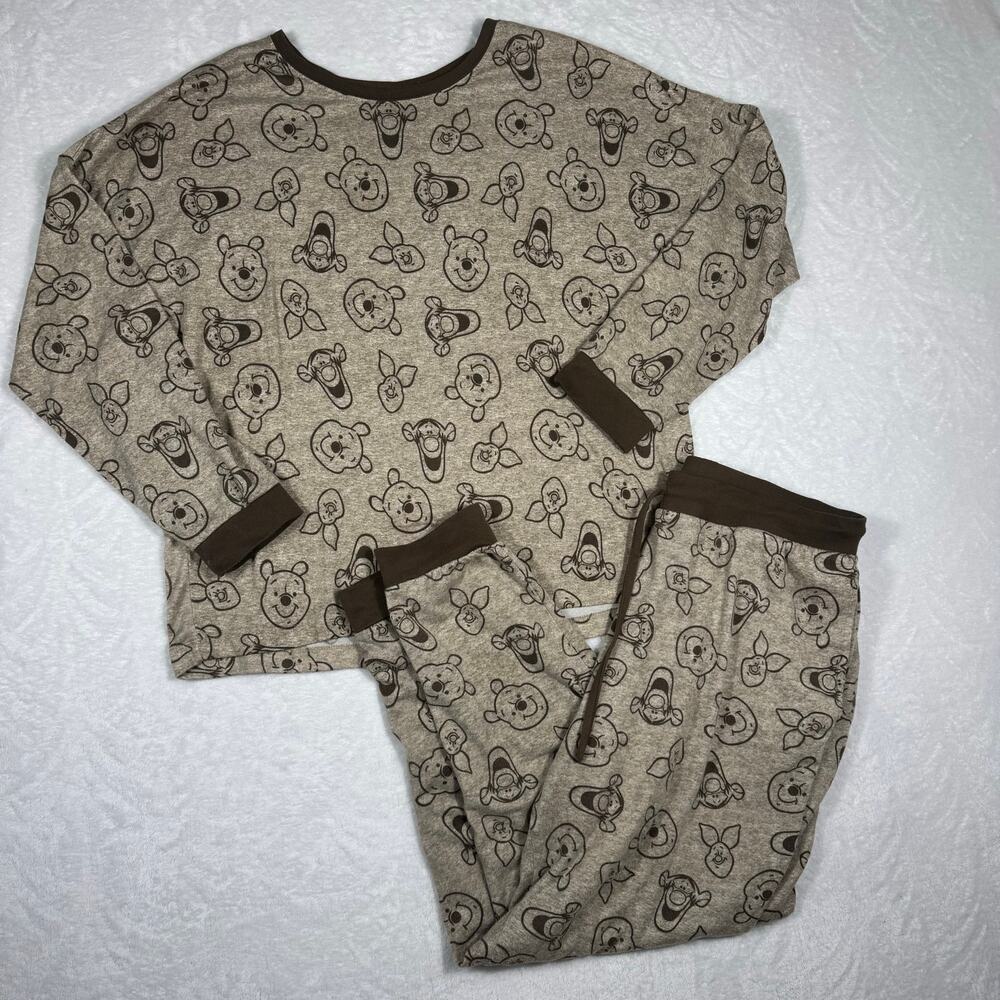Disney Winnie the Pooh Pajama Set Sleepwear Women's Large Cozy Brown Long Sleeve
